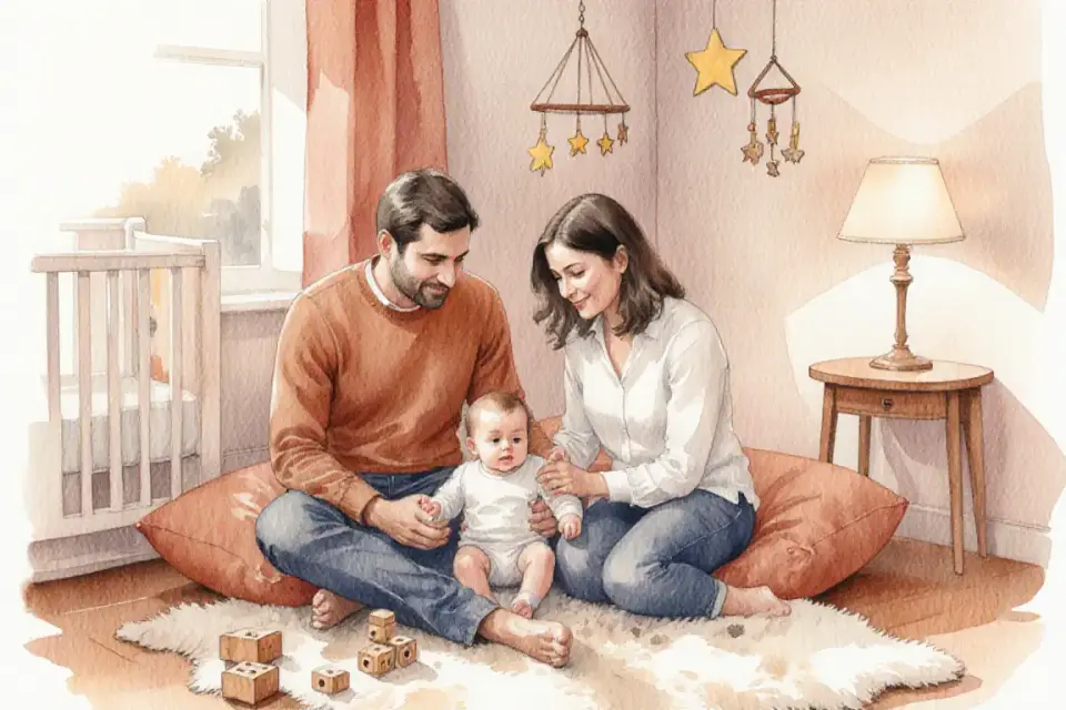 Watercolor illustration of a diverse family scene: Italian father and Spanish mother sitting together on floor cushions in softly lit nursery, baby between them on a sheepskin rug, all three looking relaxed, small mobile with stars hanging above, wooden toys scattered nearby, warm table lamp in corner, eye-level intimate perspective with medium depth of field, warm terracotta and soft cream tones, peaceful family bonding atmosphere at dusk