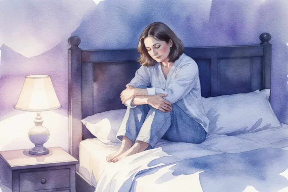 Delicate watercolor showing a European mother in a quiet bedroom at dusk, sitting on the edge of her bed, arms wrapped around herself in a gentle self-hug. Soft lavender and blue tones fill the room. A bedside lamp casts a warm glow. Her expression is peaceful and self-compassionate. The scene emphasizes solitude, self-care, and emotional safety. Loose, expressive watercolor technique with subtle color gradients and gentle light effects.