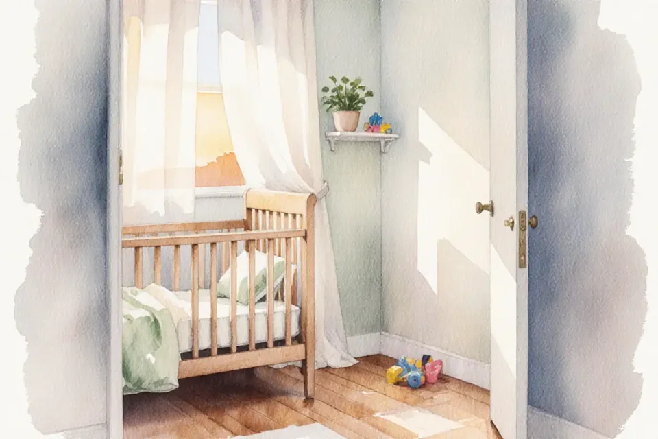 Illustrazione ad acquerello di una serena camera da letto per bambini al crepuscolo, tenera luce dorata filtra attraverso tende sottili, una culla in legno accogliente con biancheria in toni pastello tenui, una piccola pianta in vaso su uno scaffale minimalista, pavimenti in legno caldo, la stanza appare spaziosa e calma con pochi giocattoli visibili, dipinta in delicate sfumature di acquerello con bordi morbidi e atmosfera da sogno, vista da un basso angolo vicino alla porta che guarda nello spazio pacifico