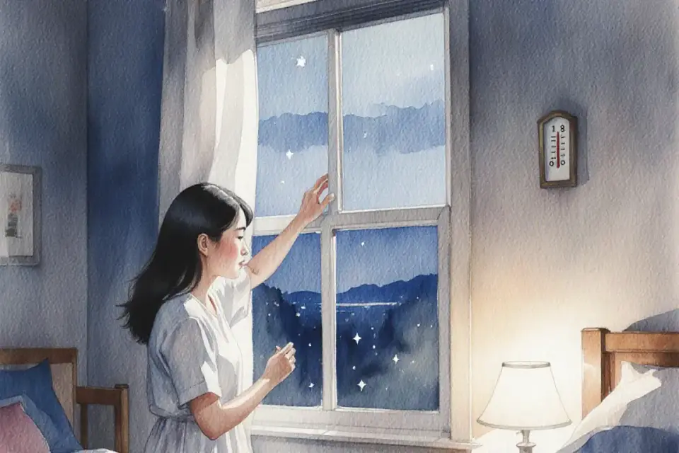 Scena ad acquerello di una madre asiatica che regola delicatamente una finestra nella camera di un bambino durante la prima serata, il fresco blu del crepuscolo visibile all'esterno con le prime stelle che appaiono, una lampada interna morbida crea un contrasto caldo, la stanza mostra un semplice termometro sulla parete che segna 18 gradi, dipinta con strati di acquerello trasparenti che fluiscono, inquadratura media di lato, catturando il gesto premuroso e la transizione tra giorno e notte, pennellate delicate e gradienti di colore sottili
