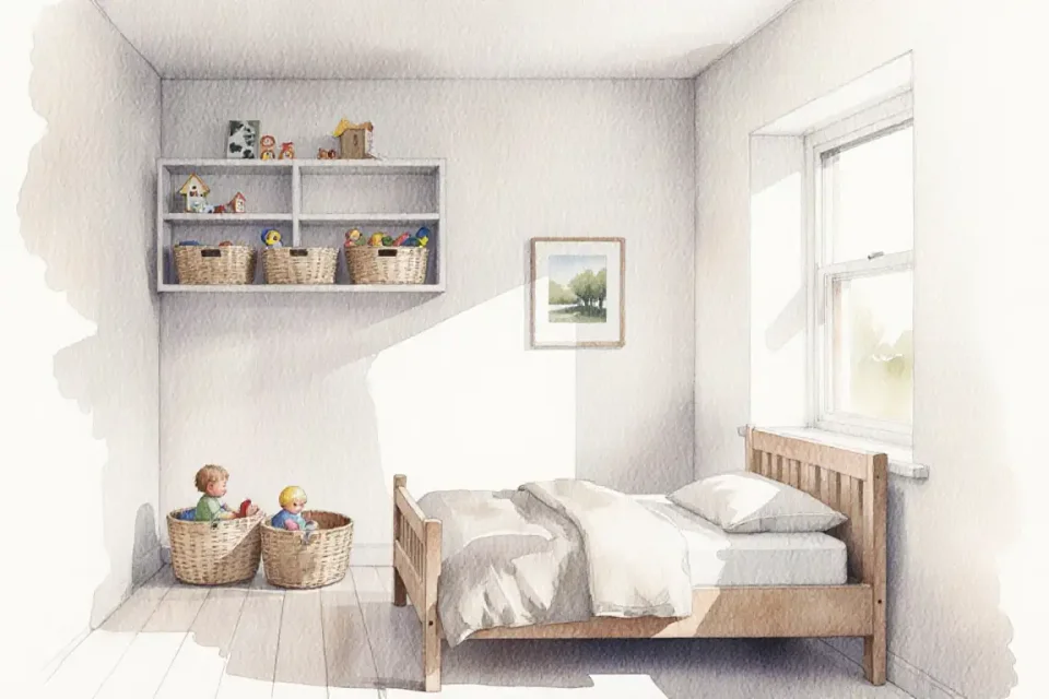 Dipinto ad acquerello di una camera da letto per bambini in stile minimalista scandinavo durante il giorno, vista grandangolare che mostra scaffali aperti organizzati con pochi giocattoli scelti con cura in cestini intrecciati, un letto in legno semplice con biancheria neutra, un piccolo quadro di natura incorniciato sulla parete bianca, luce naturale dalla finestra crea ombre morbide, lo spazio appare arioso e ordinato, dipinto con una tecnica di acquerello trasparente che enfatizza gli spazi vuoti e la calma, prospettiva alta dall'angolo della stanza