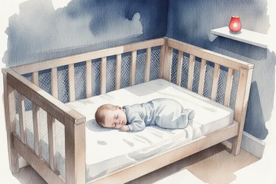 Illustrazione ad acquerello di un ambiente di sonno sicuro per neonati di notte, vista ravvicinata di una semplice culla in legno con lati in rete traspirante nell'angolo della camera dei genitori, materasso rigido con lenzuolo in morbido bianco, un neonato in un sacco a pelo leggero, una piccola luce notturna rossa che brilla delicatamente su uno scaffale lontano, la scena dipinta con tenui lavature ad acquerello in blu smorzati e beige caldi, prospettiva intima all'altezza degli occhi dei genitori guardando in basso, trasmette sicurezza e pace