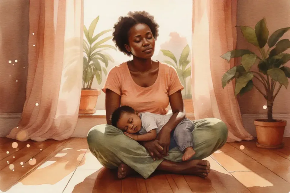 Soft watercolor scene of an African mother sitting cross-legged on a wooden floor at golden hour, her toddler sleeping peacefully in her lap, warm amber light streaming through sheer curtains, creating gentle shadows, potted plants in the background, her eyes closed in a moment of quiet reflection, peaceful expression, muted earth tones of ochre, sage green, and soft peach, intimate low angle perspective capturing vulnerability and strength, shallow depth of field with bokeh light particles floating in the air, serene atmosphere of self-acceptance and maternal love
