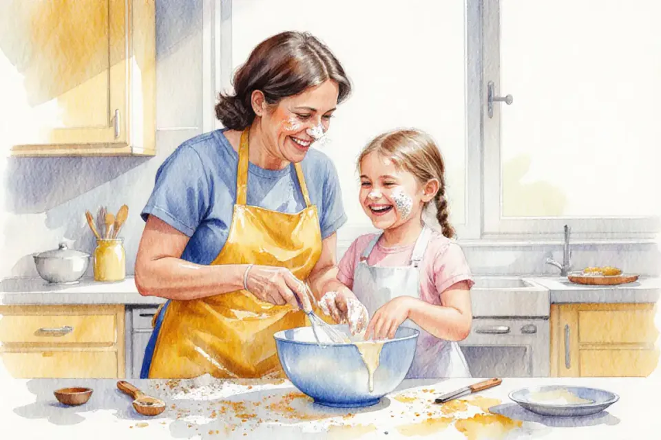 Watercolor illustration of a European mother and her young daughter baking together in a sunlit kitchen at midday, flour dusted on their noses and aprons, mixing bowl tipped slightly with batter dripping, both laughing joyfully, warm natural light from a large window, kitchen counter scattered with ingredients and utensils in cheerful chaos, bright yellows, soft whites, and pastel blues, medium shot from eye level capturing genuine connection and playful imperfection, vibrant and energetic brushstrokes, atmosphere of spontaneous joy and acceptance of messiness