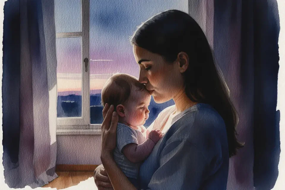 Tender watercolor scene of a Spanish mother holding her infant close at twilight, standing by a bedroom window, soft evening light casting gentle shadows, her hand cradling the baby head with infinite tenderness, both profiles visible in silhouette against dusky sky in shades of deep blue and soft purple, minimal background with simple curtain and wooden floor, close-up portrait perspective capturing intimate connection, delicate brushstrokes suggesting protective embrace, atmosphere of quiet confidence and deep maternal knowing, color harmony of indigo, mauve, and warm amber