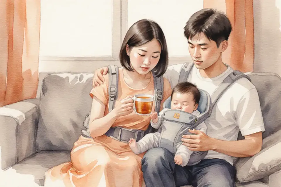 Pintura em aquarela de uma mãe asiática e seu parceiro sentados juntos em um sofá logo pela manhã, compartilhando uma xícara de chá, bebê dormindo em um carregador no parceiro, luz suave da manhã entrando pela janela, laranjas quentes e cinzas suaves, plano médio em nível dos olhos, sensação de lente 50mm, profundidade de campo rasa, atmosfera íntima e de apoio, conexão têxtil, pinceladas delicadas, sensação de parceria e força compartilhada