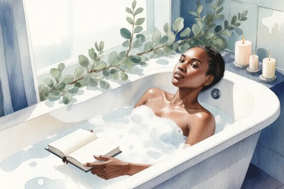 Watercolor illustration showing an African woman in her early thirties lying in a bathtub filled with soft bubbles, viewed from a high angle perspective, morning light filtering through frosted glass window, she holds a journal on the tub edge, expression of gentle contemplation, bathroom decorated with eucalyptus branches and candles, color palette of soft blues, whites and sage green, wide angle 24mm feel capturing the peaceful sanctuary atmosphere, deep depth of field, self-care ritual mood