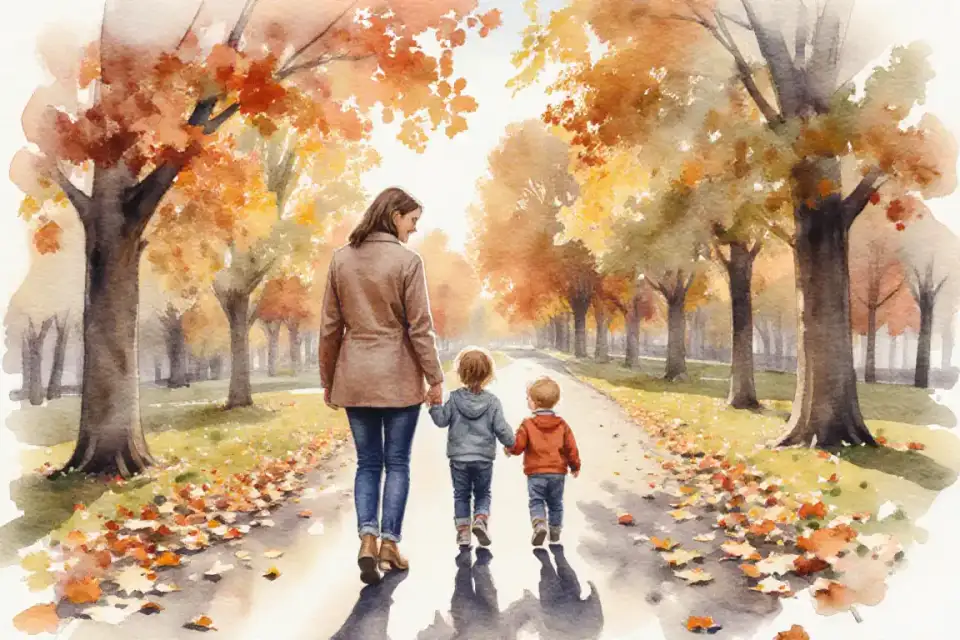 Watercolor scene of a European mother and toddler walking hand in hand through an autumn park at sunset, back view, wide 24mm perspective, fallen leaves in warm oranges and yellows, dappled light through trees, mother looking down at child with gentle smile, both in casual autumn clothing, peaceful atmosphere, deep depth of field showing path ahead, color palette of golden hour warmth, theme of moving forward with self-compassion and hope
