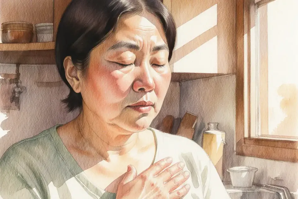 Intimate watercolor close-up of an Asian mother with closed eyes taking a deep breath, painted from a slightly low angle perspective, warm afternoon sunlight filtering through a kitchen window creating soft golden highlights on her face, her hand resting gently on her chest, background softly blurred showing hints of everyday kitchen items in muted earth tones, shallow depth of field effect, capturing a moment of conscious pause, brushwork emphasizes the peaceful expression and the gentle rise of her shoulders, color palette of warm ochre, soft peach, and calming sage