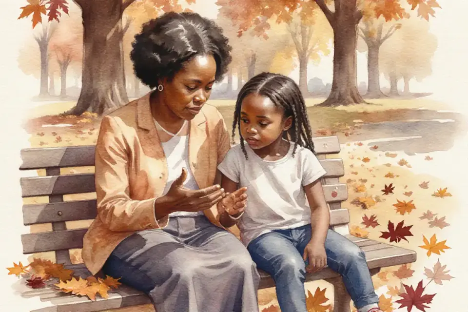 Watercolor scene of an African mother and daughter sitting on a park bench in autumn, fallen leaves in amber and crimson around them, mother gently explaining something with expressive hands while child listens attentively, late afternoon golden hour light, intimate close-up perspective, warm earth tones and soft focus background, capturing moment of honest conversation and emotional connection between generations
