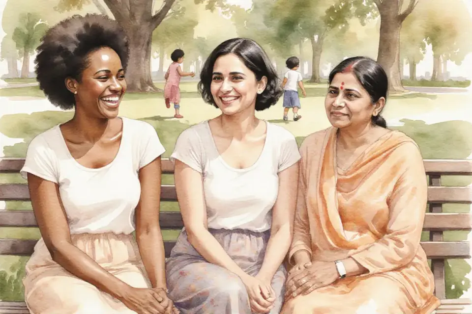 Watercolor illustration of a diverse group of three mothers sitting together on a park bench in late afternoon sunlight, one African mother laughing warmly, one European mother with a gentle smile, one South Asian mother listening intently, children playing in soft focus background, warm amber and soft green tones, sense of community and support, medium shot from slightly low angle, natural and authentic atmosphere