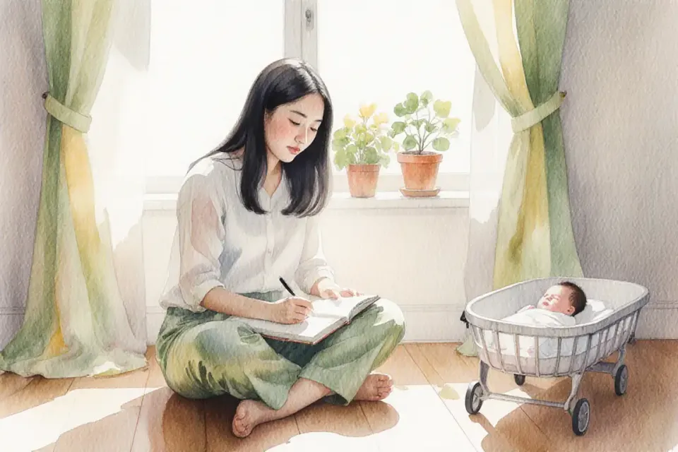 Delicate watercolor scene of a young Asian mother sitting cross-legged on a sunlit wooden floor in a minimalist room, morning light streaming through sheer curtains, she is writing in a notebook with one hand while her baby sleeps in a nearby bassinet, potted plants on windowsill, soft greens and warm yellows dominating the palette, peaceful expression on her face, composition emphasizing quiet morning ritual and self-reflection, painted with loose, flowing brushwork