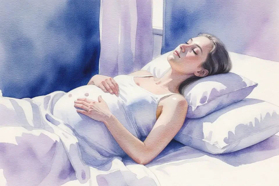 Watercolor artistic representation of comfort and support: a pregnant woman reclining against soft pillows in a serene bedroom bathed in soft twilight blue and lavender hues, gentle side lighting creating a peaceful mood, pillows arranged supportively around her, focus on relaxation and physical comfort, medium close-up shot, delicate brushwork suggesting softness and ease, abstract enough to be tasteful yet clearly conveying the concept of finding comfortable positions