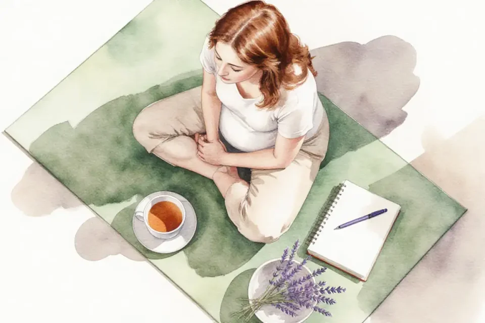 A peaceful self-care ritual scene showing a European woman with auburn hair sitting cross-legged on a yoga mat in soft morning light, surrounded by elements of comfort: a cup of herbal tea, a journal with a pen, lavender sprigs in a small bowl, gentle stretching pose with eyes closed and serene expression, watercolor style with soft focus, pastel palette of sage green and warm beige, high angle view creating intimate atmosphere, embodying mindfulness and self-connection during pregnancy