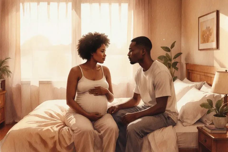 Watercolor scene of a diverse couple in their cozy bedroom at golden hour, African woman in comfortable maternity wear and Asian man sitting on the edge of the bed having a caring conversation, warm amber and honey tones streaming through sheer curtains, soft bedroom details like plants and books, intimate and safe atmosphere, eye-level medium shot, shallow depth of field with soft bokeh, 85mm portrait lens feel, vulnerable yet connected mood