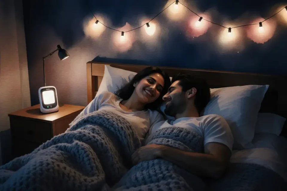 High-angle view of a cozy bedroom bathed in soft twilight, a Middle Eastern couple lying together under a chunky knit blanket, their faces close and smiling, a baby monitor glowing softly on the nightstand, fairy lights strung above casting warm pinpoints of light, watercolor textures in deep indigo, warm amber, and soft rose, 35mm reportage lens feel capturing authentic intimacy, medium depth of field with gentle bokeh, atmosphere of rekindled connection and quiet joy, tender hope and partnership