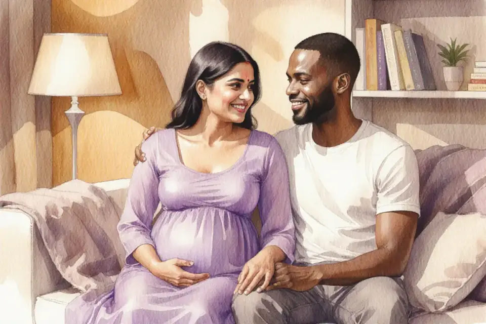 Tender watercolor scene of a diverse couple in their late twenties sitting together on a cozy sofa, the pregnant woman with South Asian features wearing a flowing lavender dress, her partner with African descent gently holding her hand, both engaged in intimate conversation with soft smiles, warm evening light from a nearby lamp creating golden highlights, background shows shelves with pregnancy books and soft blankets, medium shot capturing emotional connection and trust, painted in warm ochres, soft purples and gentle cream tones