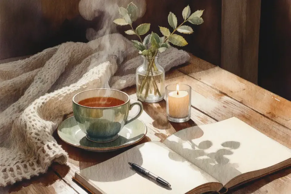 Composição de still life em aquarela em uma mesa rústica representando um ritual de calma e autocuidado, apresentando uma xícara de cerâmica com chá de ervas com vapor subindo, um diário aberto com uma caneta, um pequeno vaso com ramos de eucalipto, uma suave manta de malha pendurada na borda, luz de vela quente criando sombras suaves, atmosfera noturna, plano próximo a partir de um ângulo levemente elevado sugerindo lente de 35mm com profundidade de campo rasa, paleta de cores de âmbar quente, verde sálvia e creme, clima pacífico e contemplativo, texturas delicadas de aquarela e bordas suaves