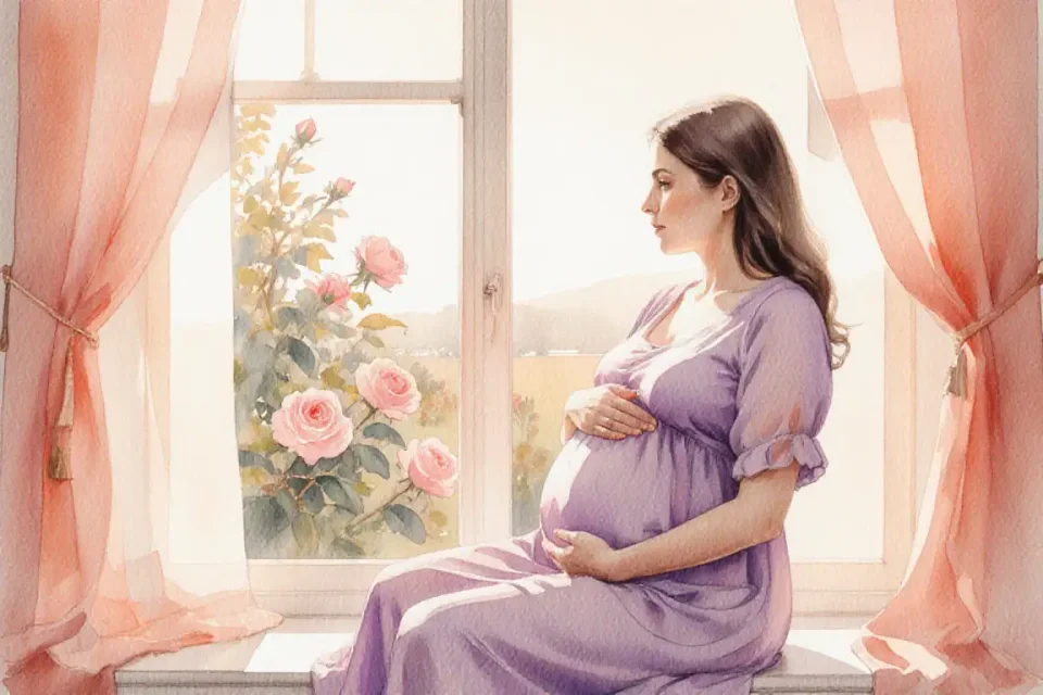 Watercolor illustration of a pregnant woman in her second trimester sitting on a sunlit window seat at golden hour, wearing a flowing lavender dress, gently holding her belly while looking peacefully outside at a garden with blooming roses, soft peachy-pink light filtering through sheer curtains, intimate and serene atmosphere, warm color palette of coral, cream and soft purple tones, gentle shadows, tender moment of self-reflection, viewed from a slightly elevated three-quarter angle