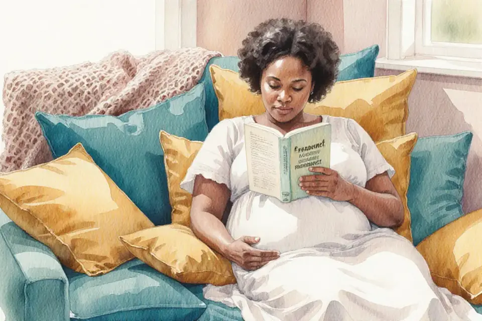 Watercolor illustration of a pregnant African woman in her third trimester, reclining comfortably on a pile of soft cushions in various shades of teal and mustard yellow, wearing a comfortable cotton dress, reading a book about pregnancy, afternoon light from a nearby window creating a warm glow, cozy living room with a knitted throw blanket, peaceful and content expression, medium shot from a slightly low angle, soft focus background, warm earthy color palette