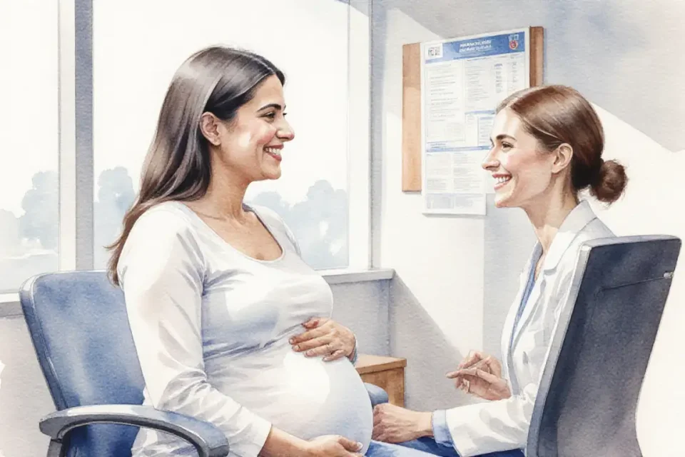 Watercolor painting of a pregnant woman of Mediterranean descent in her early thirties, sitting in a bright, modern medical consultation room, having a friendly conversation with a female doctor, both smiling warmly, natural daylight from large windows, professional yet comfortable atmosphere, soft blues and whites with touches of warm wood tones, medical charts on wall in soft focus, medium shot from eye level, reassuring and professional mood, trust and openness visible in body language