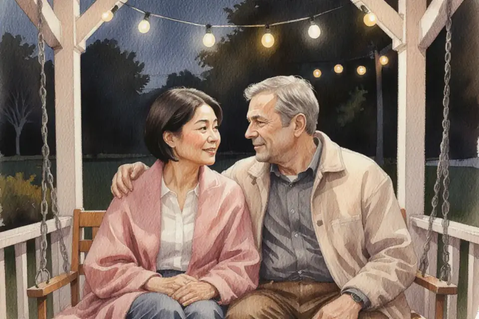 Watercolor scene in warm amber, dusty pink and soft charcoal tones depicting a diverse couple in their late forties, Asian woman and European man, sitting close together on a porch swing at dusk, wrapped in a shared blanket, gentle conversation visible in their body language, string lights glowing softly above, painted with loose expressive brushwork, intimate close-up shot from eye level, shallow depth of field with bokeh light effects in background