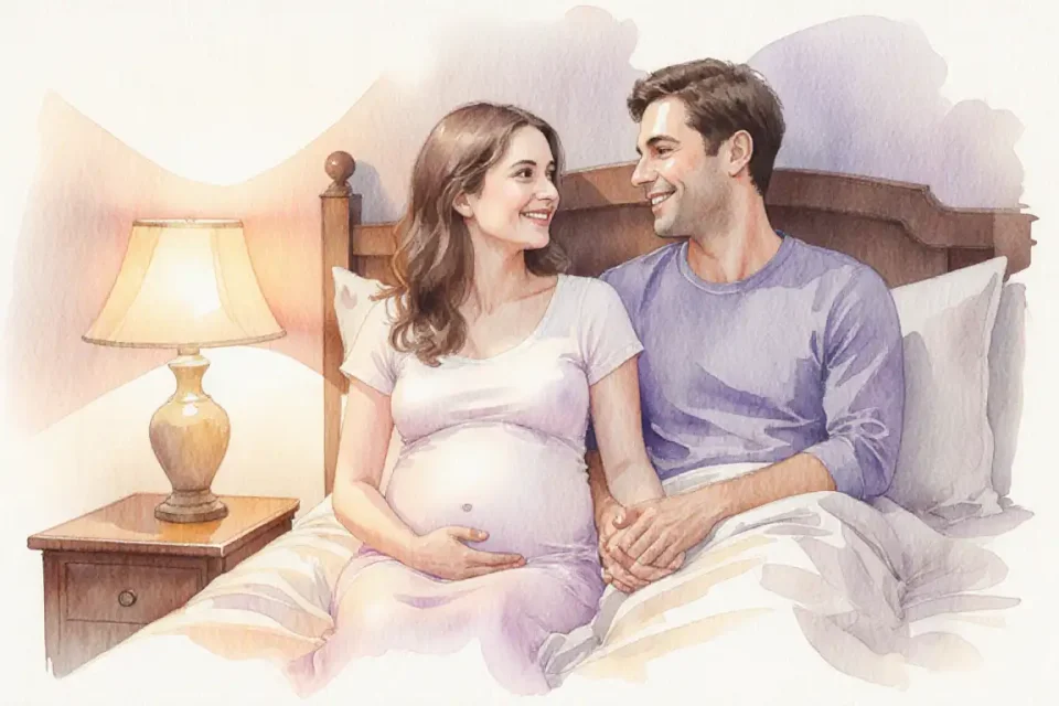 Watercolor illustration of an intimate evening scene: a pregnant woman and her partner sitting side by side on a cozy bed with soft pillows, bathed in warm golden lamplight from a bedside table, both holding hands and looking at each other with gentle smiles, soft pastel tones of peach, lavender and cream, peaceful atmosphere, shallow depth of field focusing on their connected hands, eye-level perspective, 85mm portrait feel, delicate brush strokes creating a dreamy, tender mood