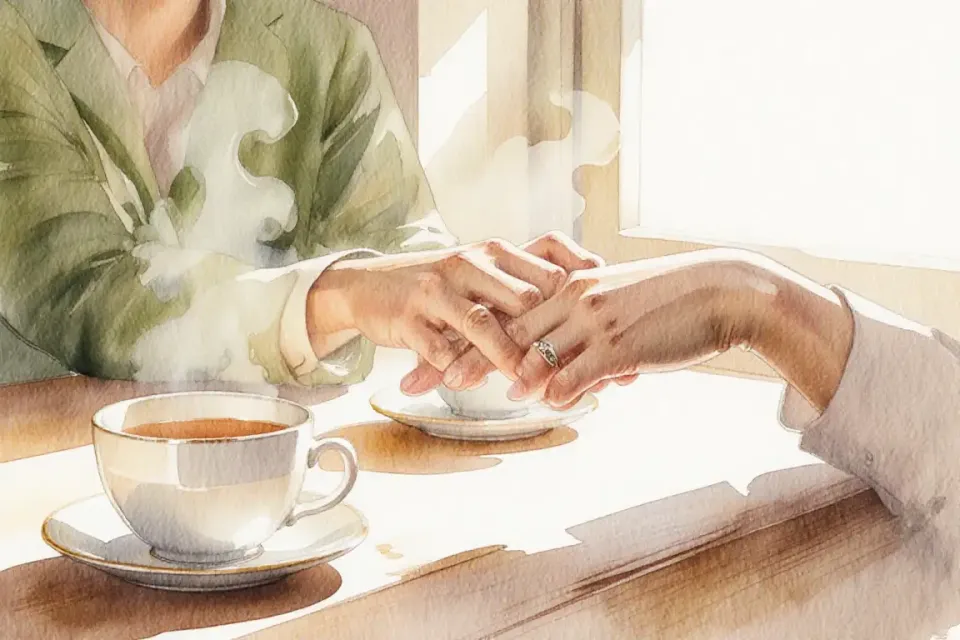 Close-up watercolor illustration of two pairs of hands gently holding each other across a wooden table, with two steaming tea cups nearby, soft morning light streaming through a window creating gentle shadows, intimate eye-level perspective, 85mm portrait depth of field, warm tones of honey, cream and soft green, delicate details showing wedding rings, peaceful and tender atmosphere