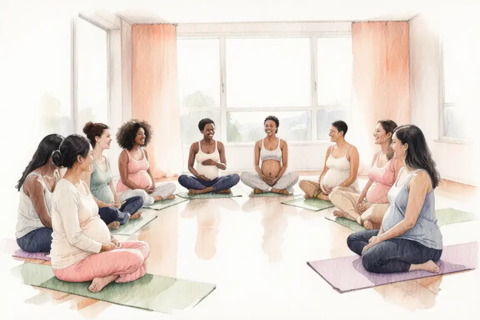 Watercolor illustration of a diverse group of pregnant women and their partners sitting in a circle on yoga mats in a bright, airy studio with large windows, soft natural light flooding the space, people of different ethnicities (Asian, African, European, Latin American) sharing stories and smiling, warm tones of peach, sage green and cream, medium shot with 35mm reportage feel, inclusive and supportive atmosphere, gentle brush strokes creating a sense of community and warmth
