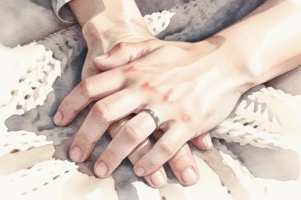 Watercolor close-up of two pairs of hands gently intertwined on a soft knitted blanket, one hand wearing a simple wedding band, warm candlelight casting soft shadows, palette of cream, dusty rose, and warm gray, shallow depth of field focusing on the tender touch, intimate and vulnerable mood, delicate brushwork emphasizing texture and warmth, symbolizing trust and emotional connection