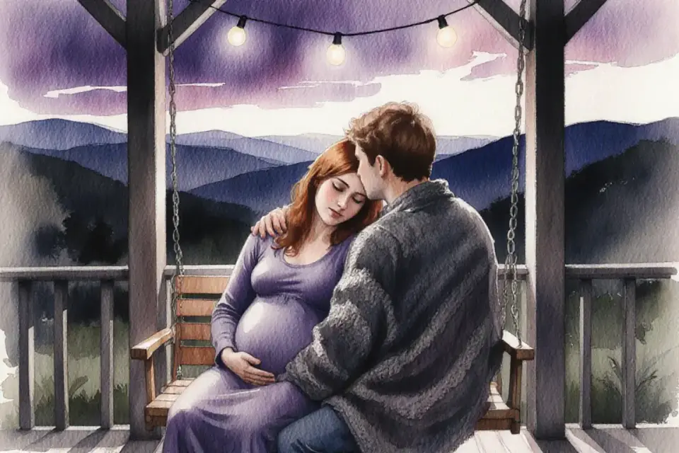 Soft watercolor painting showing a couple on a porch swing at dusk, the pregnant woman with auburn hair resting her head on her partner shoulder, both wrapped in a cozy knitted blanket, string lights glowing softly above them, a view of purple twilight sky and distant hills, the scene radiates peaceful togetherness and emotional intimacy without physical activity, painted in deep violet, rose gold, and charcoal grey with dreamy blended edges