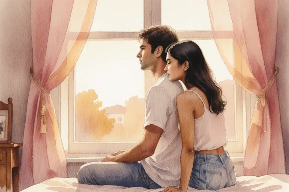 Watercolor illustration of a diverse couple sitting together on a cozy bedroom windowsill at golden hour, soft evening light streaming through sheer curtains, the woman of South Asian descent resting her head on the shoulder of her European partner, both looking peacefully out the window, warm amber and rose tones, gentle shadows, a sense of quiet intimacy and reconnection, delicate brushstrokes creating a dreamy, hopeful atmosphere