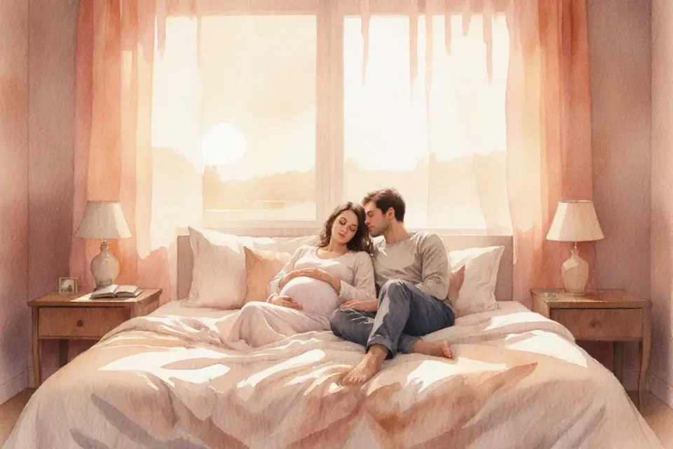 Intimate evening scene showing a pregnant woman and her partner relaxing together on a cozy bed with soft golden hour light streaming through sheer curtains, gentle watercolor textures in warm peach and cream tones, peaceful atmosphere with scattered pillows, a book on the nightstand, and delicate shadows creating a sense of safety and connection, medium shot at eye level capturing emotional closeness and trust