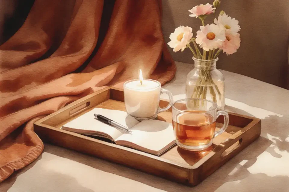 Intimate watercolor still life representing ritual of connection, soft candlelight illuminating two cups of herbal tea on a wooden tray, a journal with a pen, cozy blanket in warm terracotta tones, fresh flowers in a simple vase, close-up composition with shallow depth of field, 85mm portrait lens feel, warm amber and cream color palette, peaceful evening atmosphere, symbolizing intentional moments of togetherness and self-care during pregnancy