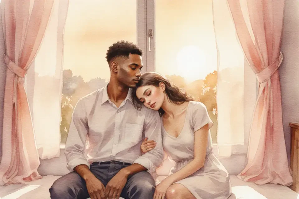 Watercolor illustration of a young couple sitting together on a cozy bedroom window seat at golden hour, soft afternoon light streaming through sheer curtains, the woman leaning against the man with gentle comfort, both looking peaceful and content, warm amber and rose tones, intimate atmosphere without being overtly sexual, tender emotional connection visible in their body language, soft shadows, dreamy and hopeful mood, diversity in features showing a mixed heritage couple, delicate brush strokes creating a sense of warmth and safety