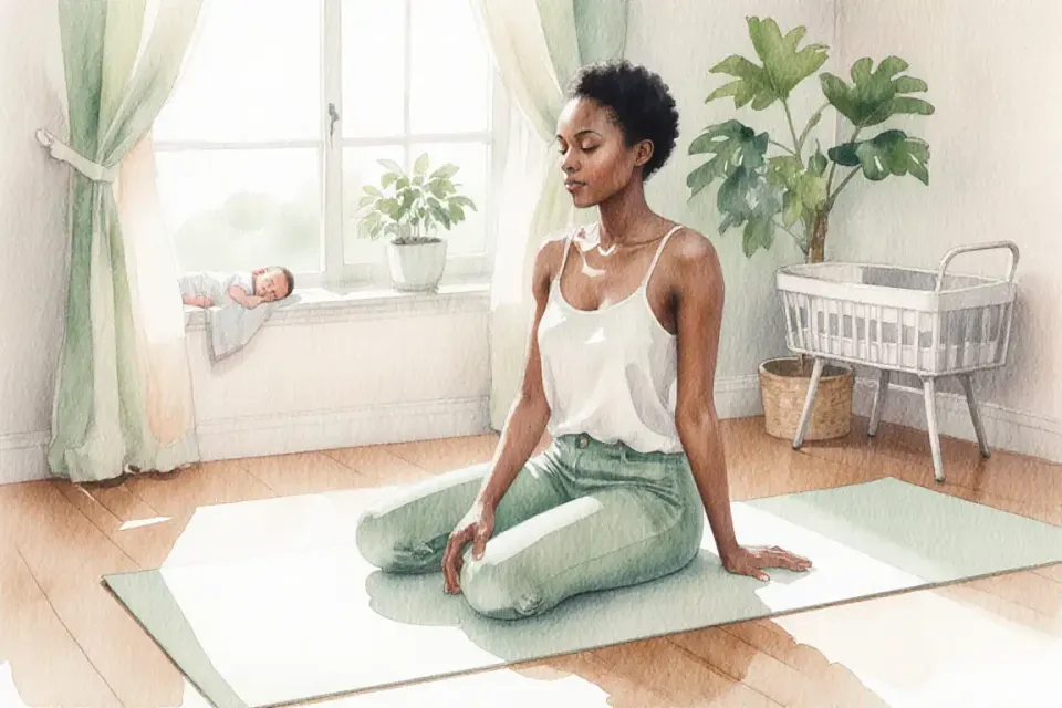 Watercolor scene of a woman with African heritage doing gentle yoga stretches on a soft mat in a sunlit living room, early morning light, baby sleeping peacefully in a bassinet nearby, plants on the windowsill, calm and restorative atmosphere, soft greens and warm beige tones, focus on self-care and reconnecting with her body, medium shot showing her peaceful expression, delicate watercolor washes creating a sense of renewal and gentle strength