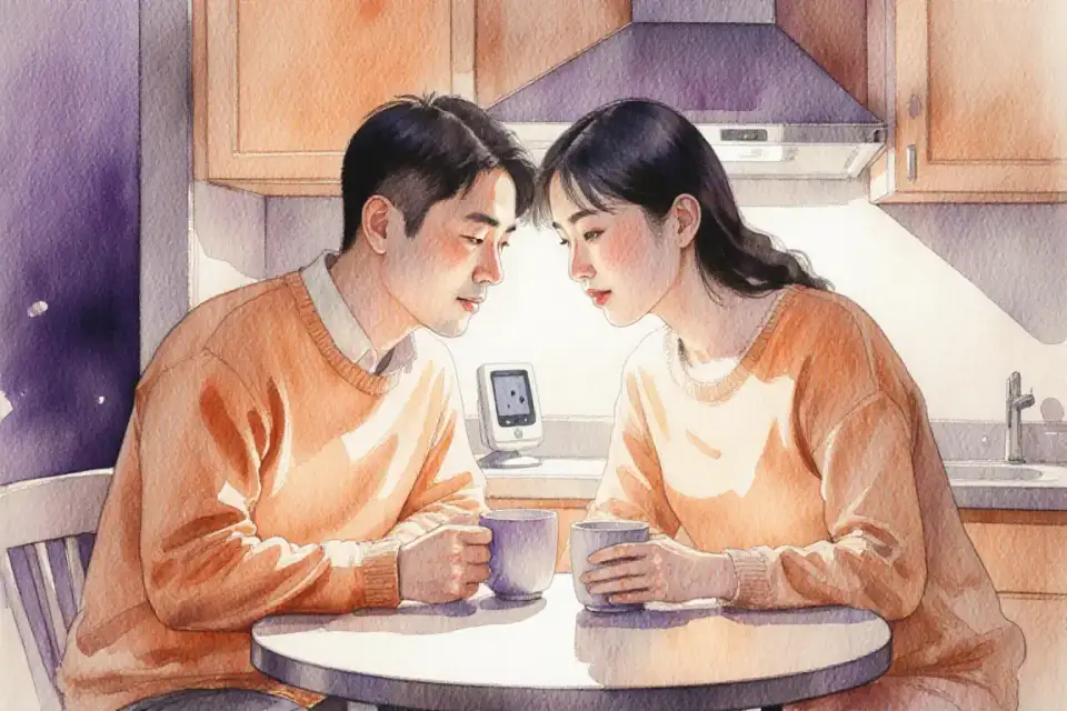 Watercolor painting of a couple with East Asian features sitting at a small kitchen table in the evening, soft lamp light creating an intimate glow, both holding warm mugs, leaning toward each other in deep conversation, baby monitor visible on the counter, cozy domestic scene, warm orange and soft purple tones, focus on emotional intimacy and partnership, close-up perspective showing their engaged expressions, delicate watercolor technique emphasizing warmth and connection