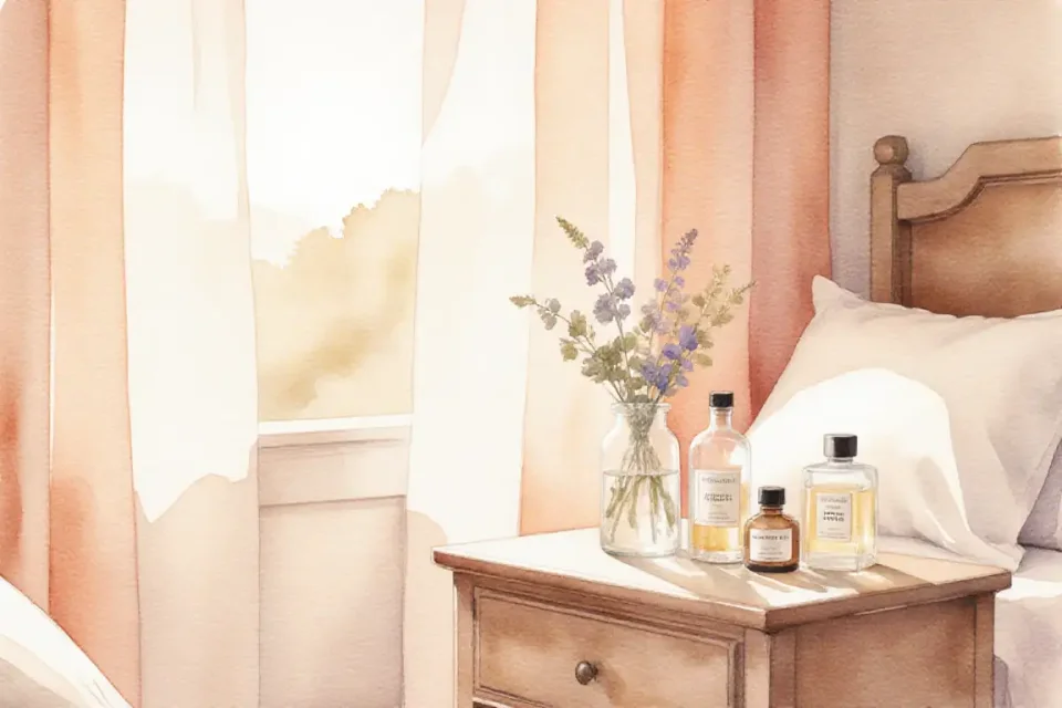 Watercolor illustration showing an intimate bedroom scene at golden hour, warm sunlight streaming through sheer curtains, a nightstand with a gentle arrangement of natural products in glass bottles, soft peach and cream tones, peaceful and tender atmosphere, shallow depth of field focusing on delicate botanical elements, viewed from a slightly elevated angle, conveying safety and care