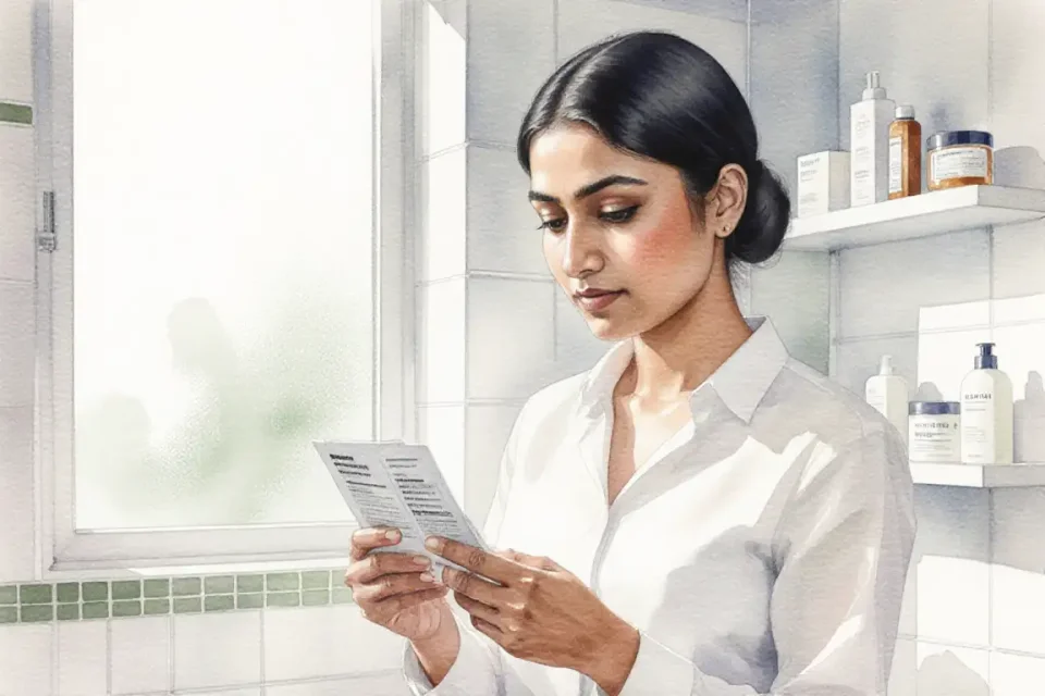 Watercolor scene of a diverse woman with South Asian features reading product labels in a bright, modern bathroom, morning light from a frosted window, clean white tiles with sage green accents, close-up perspective showing her thoughtful expression, soft focus on background shelves with minimalist packaging, conveying informed choice and empowerment