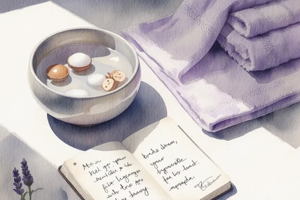 Watercolor still life composition showing a ritual of self-care, a ceramic bowl with warm water and natural ingredients, soft towels in muted lavender, a journal with handwritten notes, afternoon light creating gentle shadows, intimate close-up perspective at 85mm portrait feel, conveying mindfulness and gentle preparation