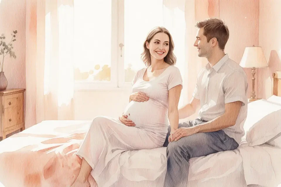 Illustration douce aquarelle d'une femme européenne enceinte avec un sourire doux assise sur le bord du lit à l'heure dorée, lumière chaude du soleil filtrant à travers des rideaux transparents, tenant la main de son partenaire à côté d'elle, chambre avec des tons pêche et crème doux, ambiance intime, coups de pinceau délicats, effet bokeh de rêve, faible profondeur de champ suggérant un objectif portrait de 85 mm, humeur paisible et pleine d'espoir, palette de couleurs pastel avec des reflets chauds