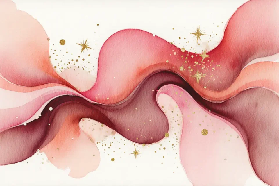 Watercolor depiction of abstract waves of sensation: flowing, undulating ribbons in deep rose, burgundy, and coral hues cascade across the canvas, representing the physical waves of pleasure during orgasm. The composition uses fluid watercolor techniques with wet-on-wet blending, creating soft gradients and organic movement. Interspersed are delicate golden sparkles suggesting heightened sensitivity. The perspective is abstract and artistic, avoiding literal representation – instead focusing on energy, flow, and emotion. Soft focus throughout, with areas of deeper saturation indicating intensity. The overall mood is celebratory, empowering, and beautiful, like a visual symphony of sensation rendered in warm, feminine tones.