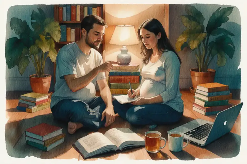 Scena di acquerello accogliente di una coppia in attesa seduta sul pavimento con libri aperti e laptop, ambientazione serale con luce calda della lampada, donna con pancione visibile che punta allo schermo mentre il partner prende appunti, libri sulla gravidanza sparsi con spine colorate, tazze di tè alle erbe, piante da appartamento sullo sfondo, atmosfera intima di biblioteca domestica, inquadratura bassa che enfatizza la unità, tonalità di ambra calda e blu profondo, composizione in stile reportage 35mm