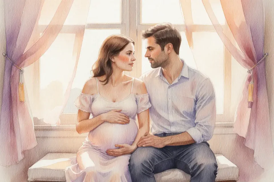 Watercolor painting of an expectant couple sitting close together on a cozy window seat at golden hour, soft amber and rose light streaming through sheer curtains, the woman gently holding her belly while the man listens attentively with his hand on hers, their faces turned toward each other in tender conversation, warm pastel tones of peach, lavender, and cream, intimate and peaceful atmosphere, gentle brushstrokes creating a dreamy, safe space filled with trust and connection