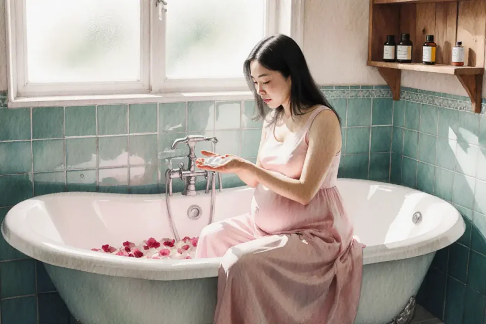 Cena em aquarela de um banheiro aconchegante com azulejos em tom teal suave, uma mulher asiática grávida aplicando creme nas mãos, sentada na borda de uma banheira vintage com pés de garras cheia de pétalas de rosas, luz da tarde filtrada através de uma janela de vidro fosco criando sombras suaves, frascos de lubrificante à base de água e óleos naturais em uma prateleira de madeira, momento íntimo de autocuidado, plano médio a partir de um ângulo levemente elevado sugerindo lente de reportagem de 35mm, paleta de cores de verde água, rosa claro e bege quente, atmosfera suave e acolhedora