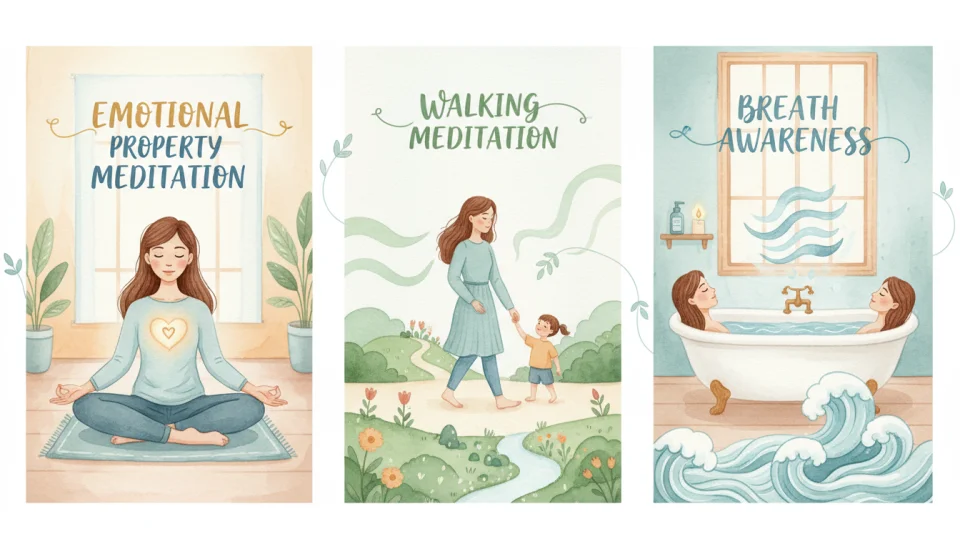 Educational watercolor illustration showing three distinct panels in soft pastel colors: left panel shows a mother meditating with a glowing word floating above her heart, middle panel depicts a mother walking mindfully through nature with flowing movement lines, right panel shows a peaceful bathroom scene with breath visualization as gentle waves, cohesive color palette of soft blues, greens and warm neutrals, infographic style with subtle hand-lettered labels in English: PROPERTY MEDITATION, WALKING MEDITATION, BREATH AWARENESS, gentle connecting elements between panels, warm and encouraging visual guide