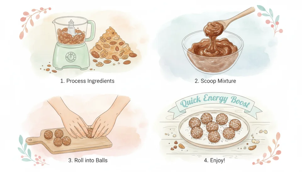 Watercolor infographic illustration in soft pastels: a step-by-step visual guide showing four simple panels demonstrating how to make energy balls; panel 1 shows dates and nuts in a food processor; panel 2 displays the sticky mixture being scooped; panel 3 shows hands rolling the mixture into balls; panel 4 presents finished energy balls on a plate with a text overlay reading "Quick Energy Boost"; the illustration uses gentle watercolor washes and simple line drawings, creating an approachable, friendly tutorial feel with European aesthetic