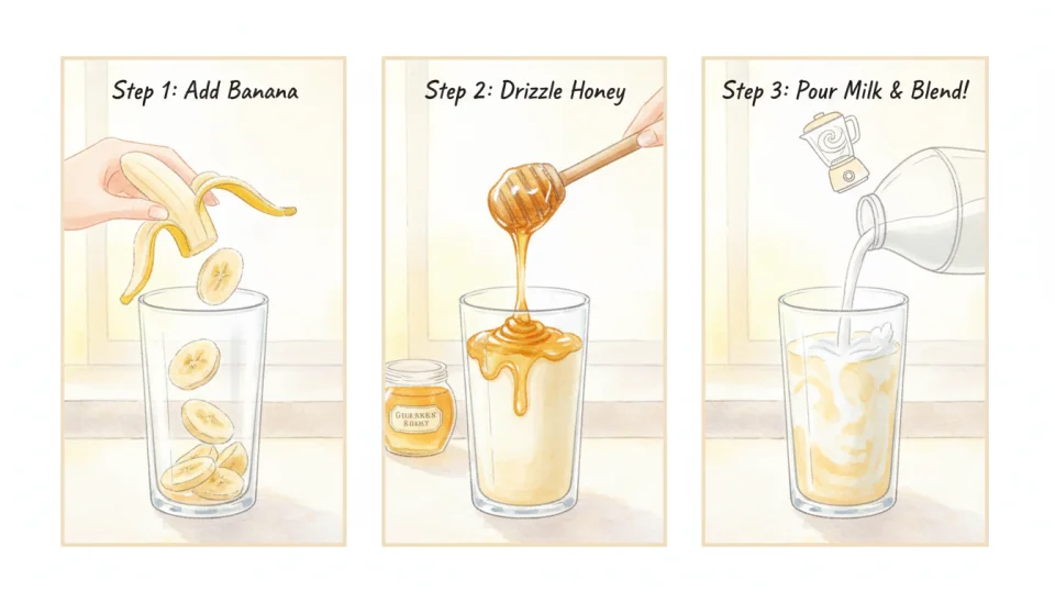 Watercolor step-by-step illustration panel showing three stages of making a simple smoothie: first panel shows a peeled banana being broken into pieces over a tall glass, second panel shows honey being drizzled from a wooden spoon, third panel shows milk being poured creating a gentle swirl, soft pastel colors of cream, yellow and white, delicate watercolor textures with visible brush strokes, instructional yet artistic style, warm morning light, approachable and inviting composition