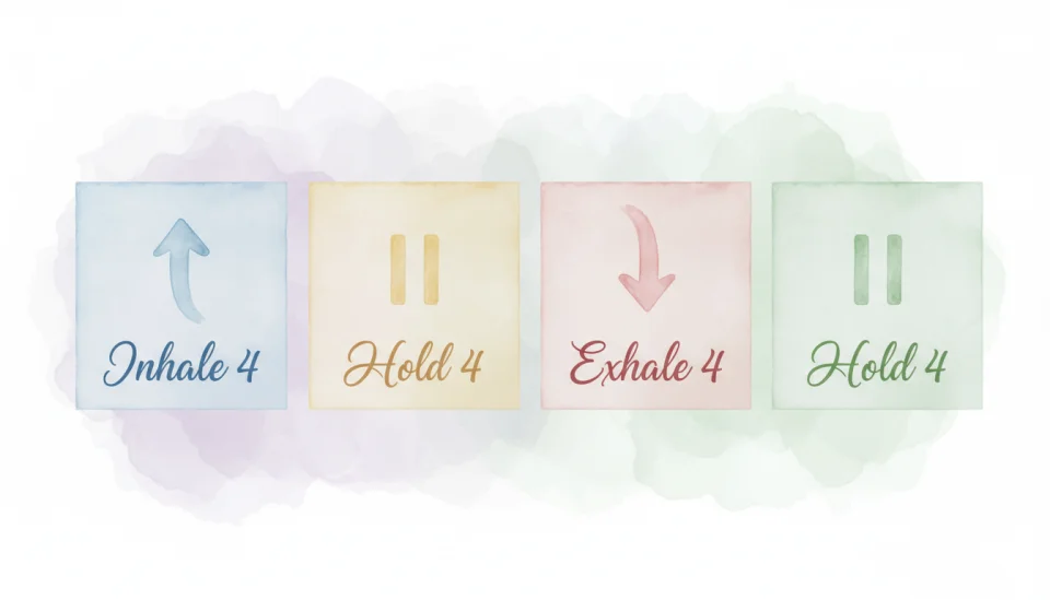 Watercolor educational illustration showing four square panels in soft pastel colors, each panel depicting a simple visual metaphor for one phase of box breathing: panel 1 shows an upward arrow with "Inhale 4" in elegant script, panel 2 shows a pause symbol with "Hold 4", panel 3 shows a downward arrow with "Exhale 4", panel 4 shows another pause with "Hold 4", gentle gradient background in lavender and mint, clean minimalist design, instructional and calming aesthetic