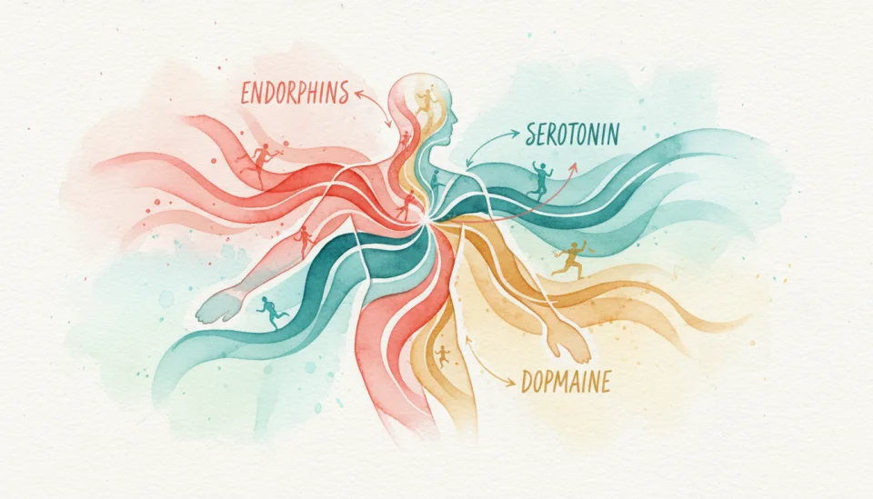 Watercolor infographic-style illustration showing the journey of endorphins in the body during movement, artistic representation with flowing watercolor waves in shades of coral, turquoise and gold representing hormones traveling through a simplified human silhouette, text labels in elegant handwriting: ENDORPHINS, SEROTONIN, DOPAMINE with small arrows, conceptual and educational yet beautiful, soft gradients, medium shot composition, uplifting and informative mood, painted on textured watercolor paper with visible brush strokes